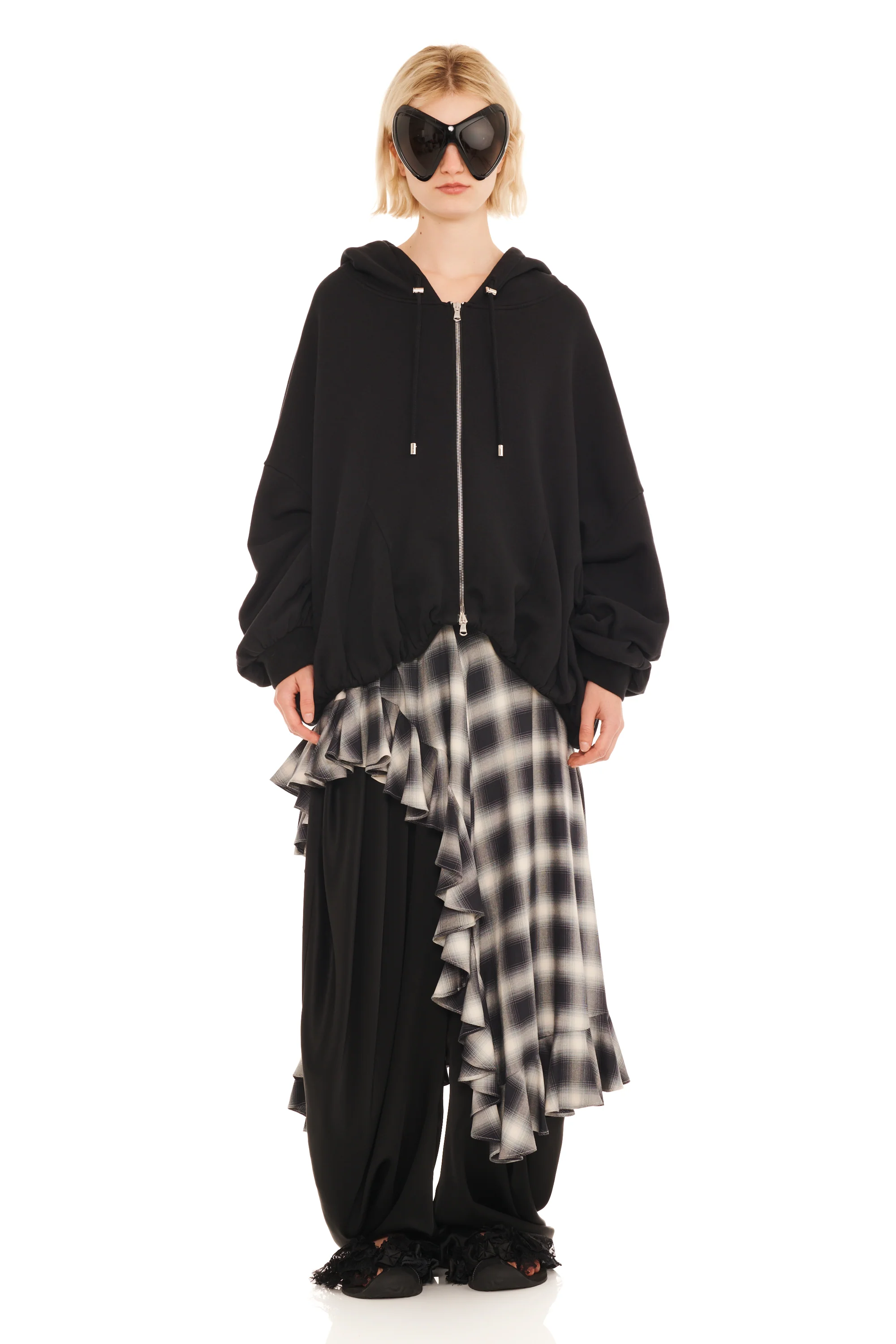 RHINESTONE BLACK GATHERED ZIP UP HOODIE - Image 6