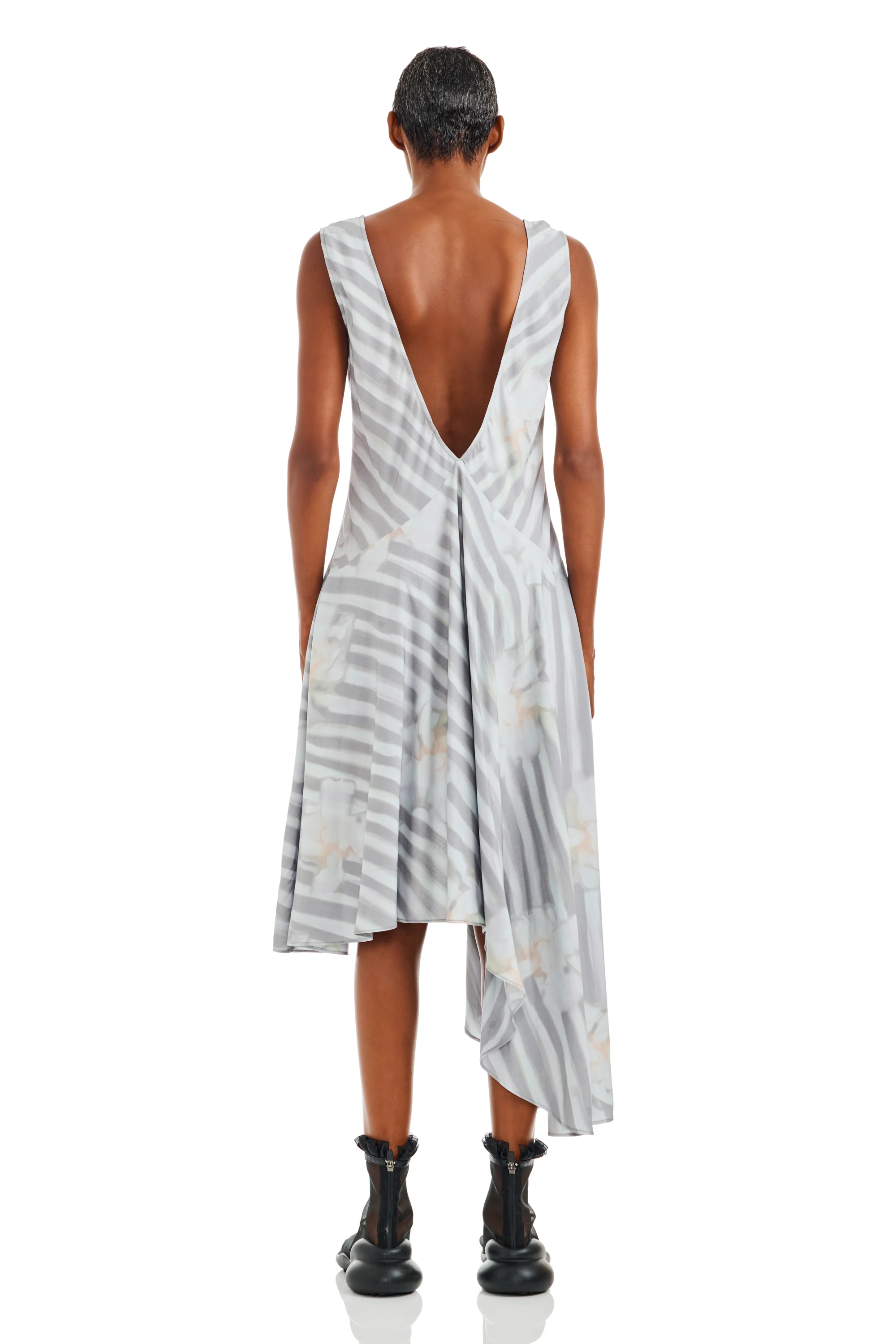 WASHED WAVY NAVY FLOWER STRIPE TULIP DRESS - Image 5